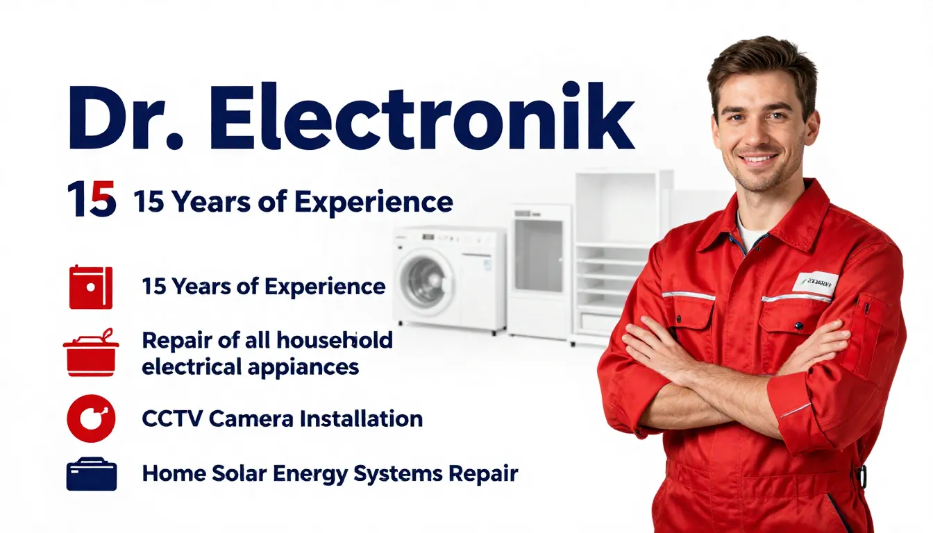 Horizontal professional flyer for 'Dr. Electronik'. A techni...