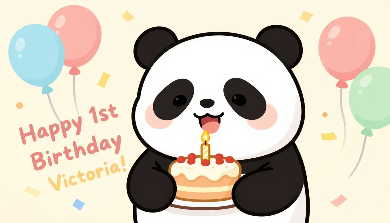 A cute cartoon panda holding a small birthday cake with one ...