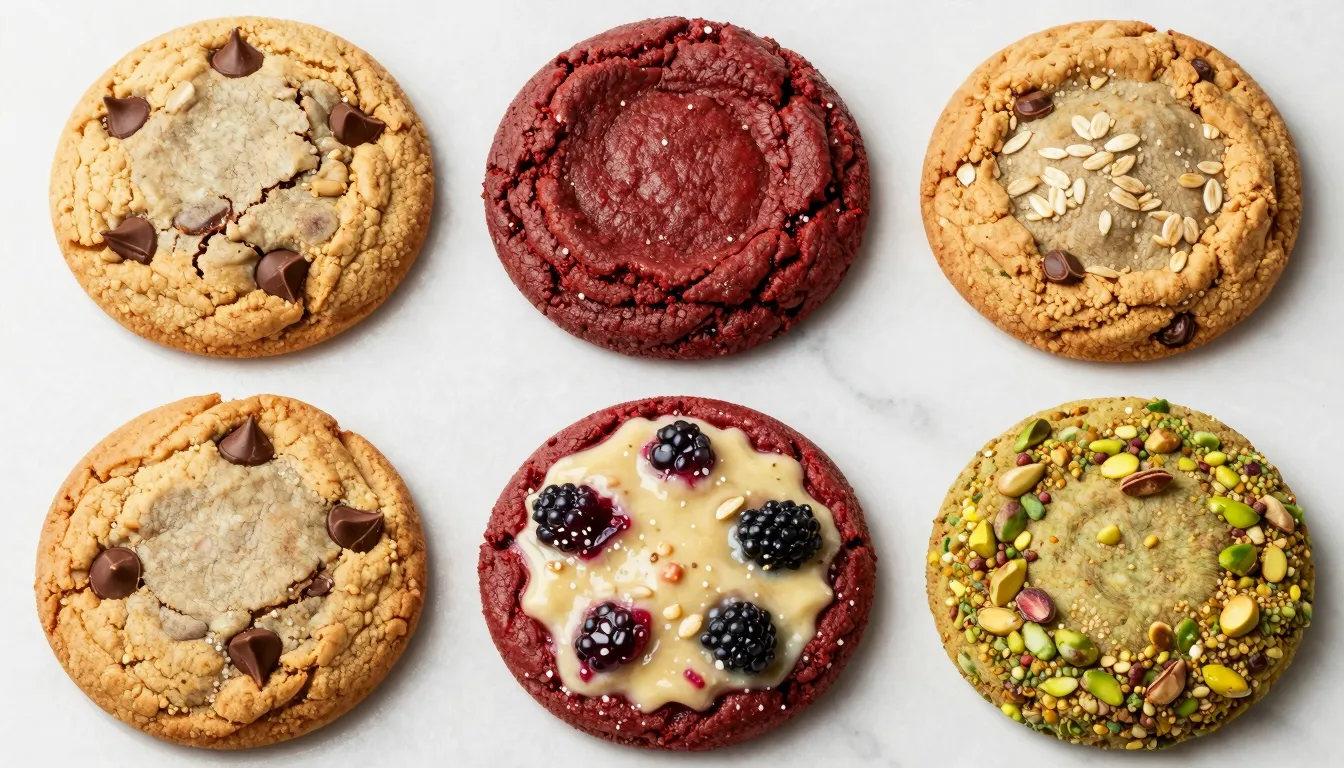 Top view of four different types of large cookies: chocolate...