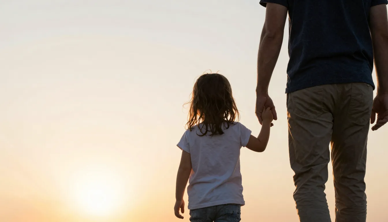 A father holding his young daughter's hand, walking towards ...
