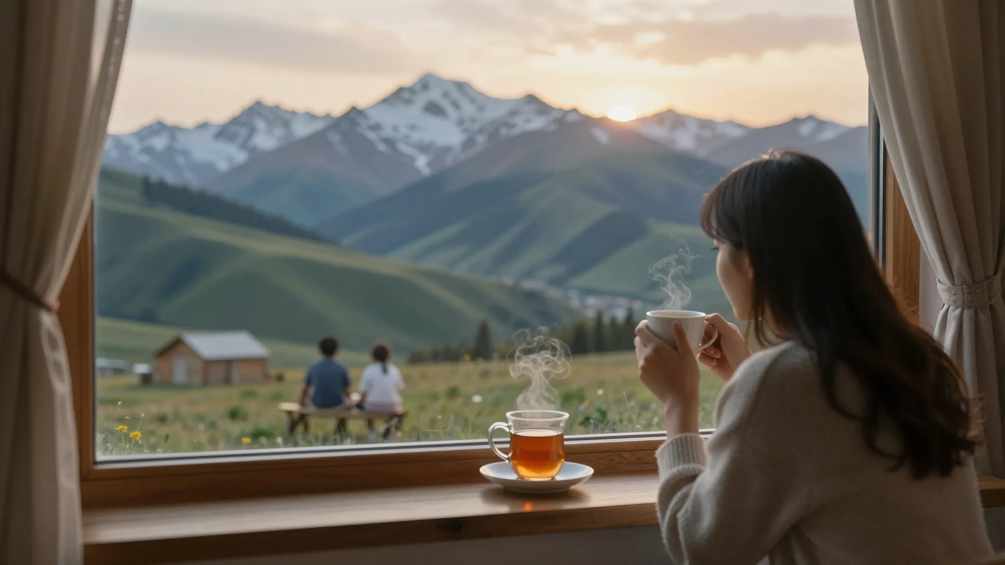A cozy window view with a cup of tea, looking out at a beaut...