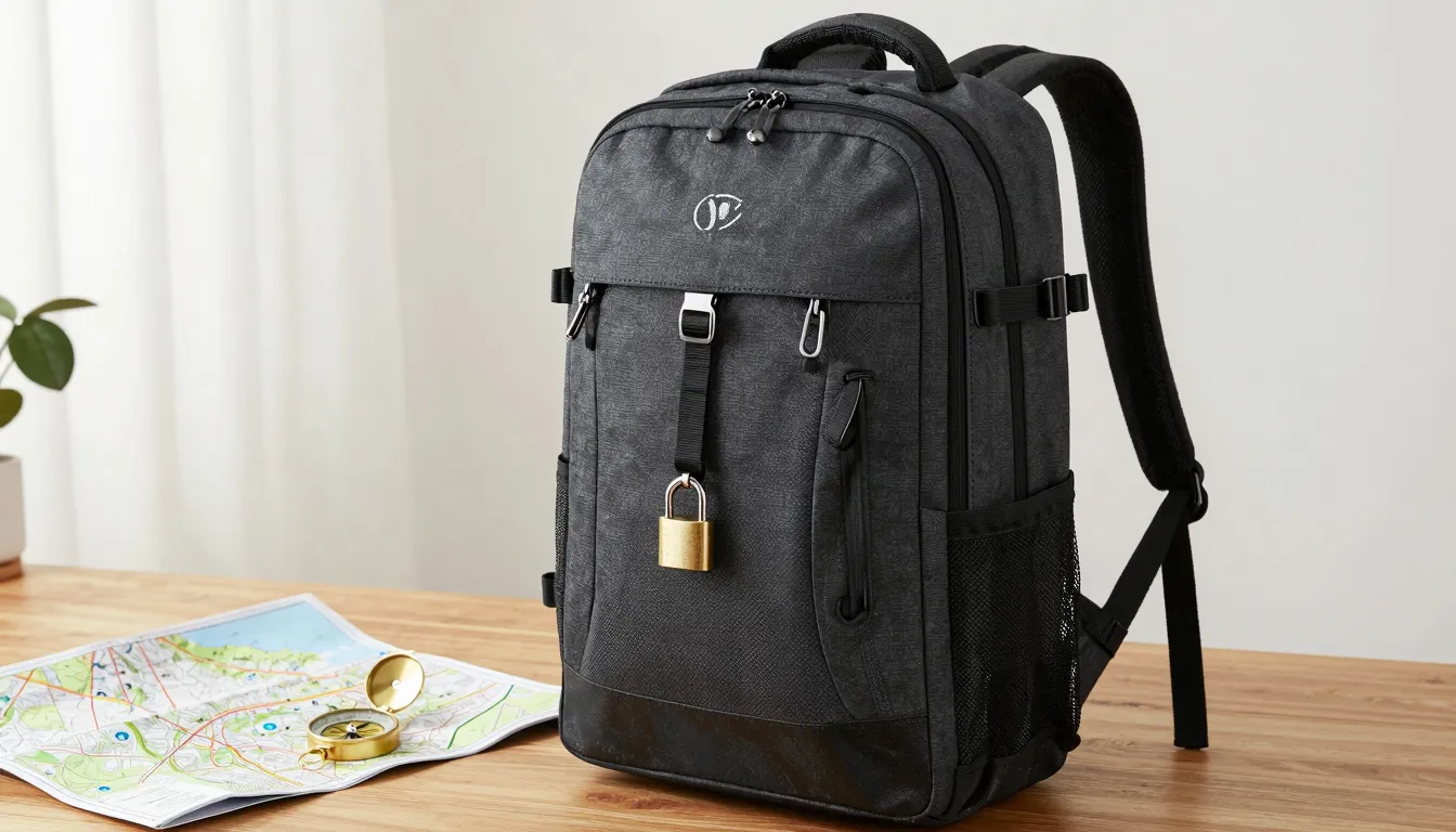 A secure modern travel backpack with a hidden lock, placed o...