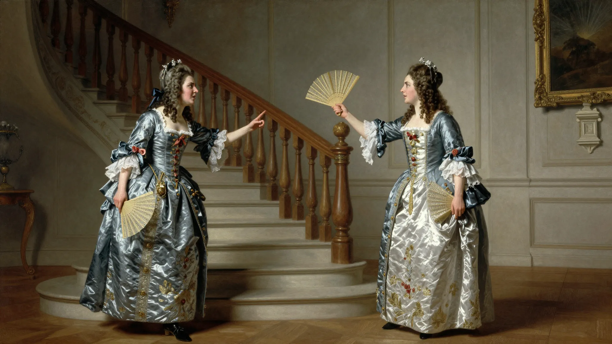 17th century French interior, grand staircase, two women in ...