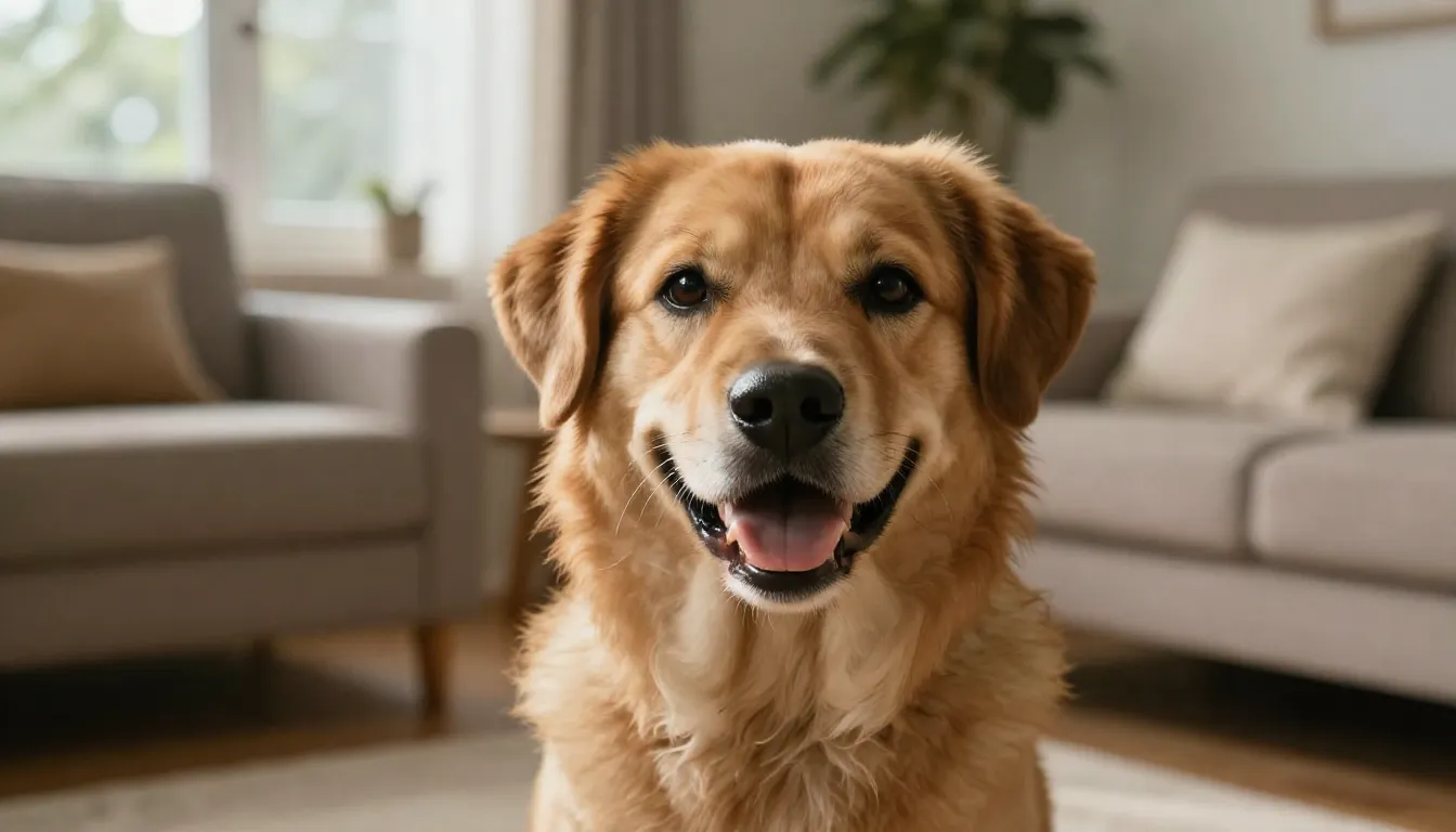 A professional cinematic shot of a happy, relaxed dog in a s...