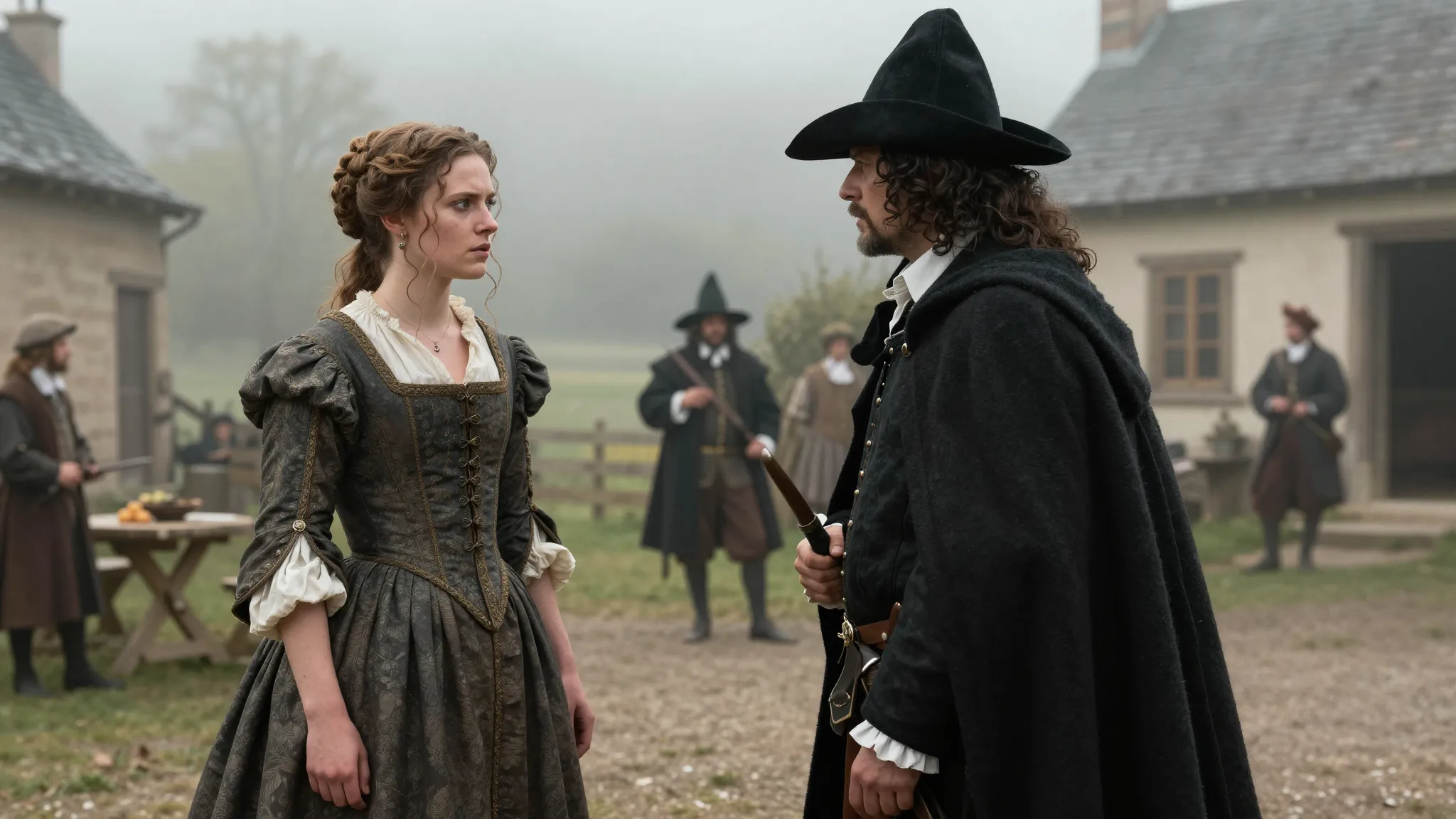 A dramatic scene in a 17th-century French village, a beautif...