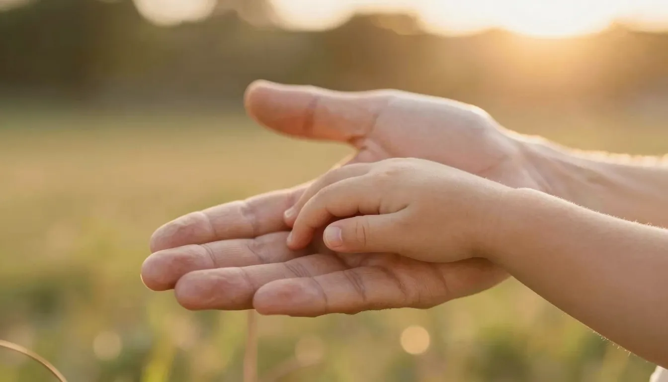 A warm, soft-focus image of a father's hand holding a small ...