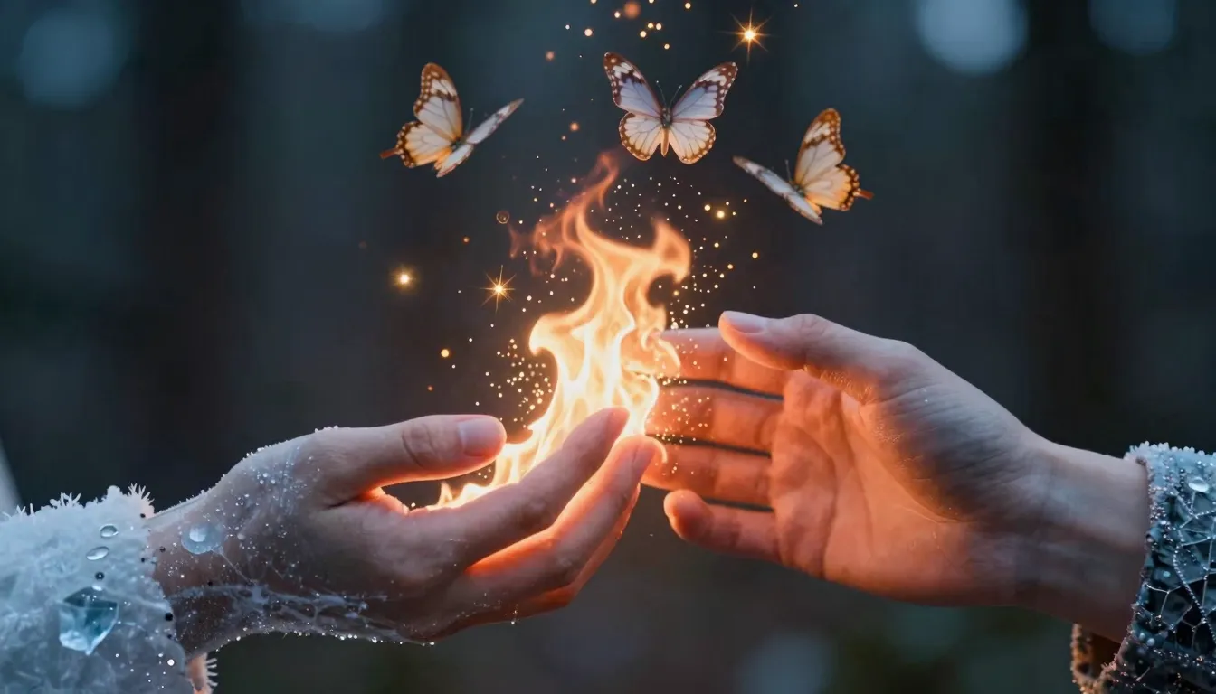 A close-up of two hands made of different elements, fire and...