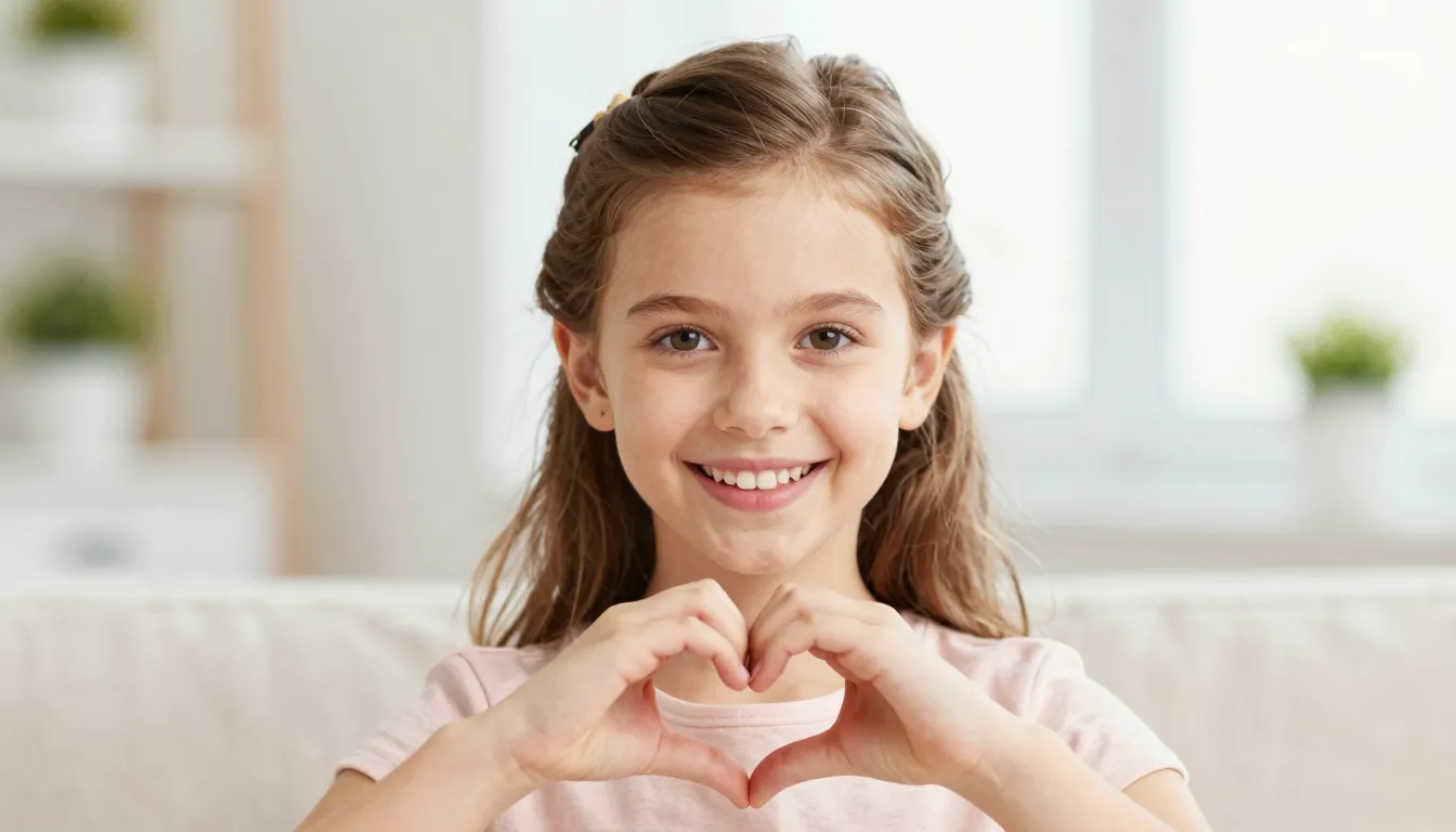 A cheerful 10-year-old girl with a bright smile, making a he...