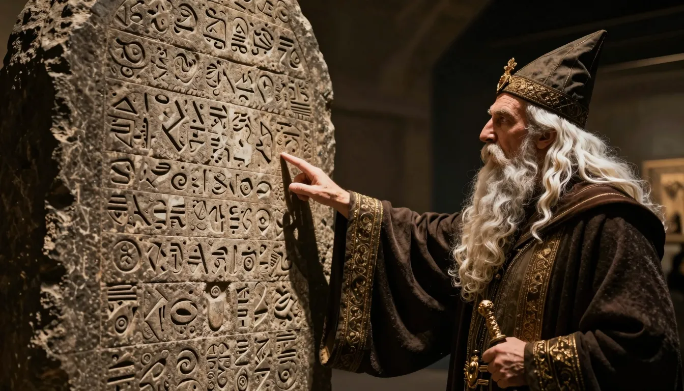 A wise wizard pointing at a large stone tablet with ancient ...
