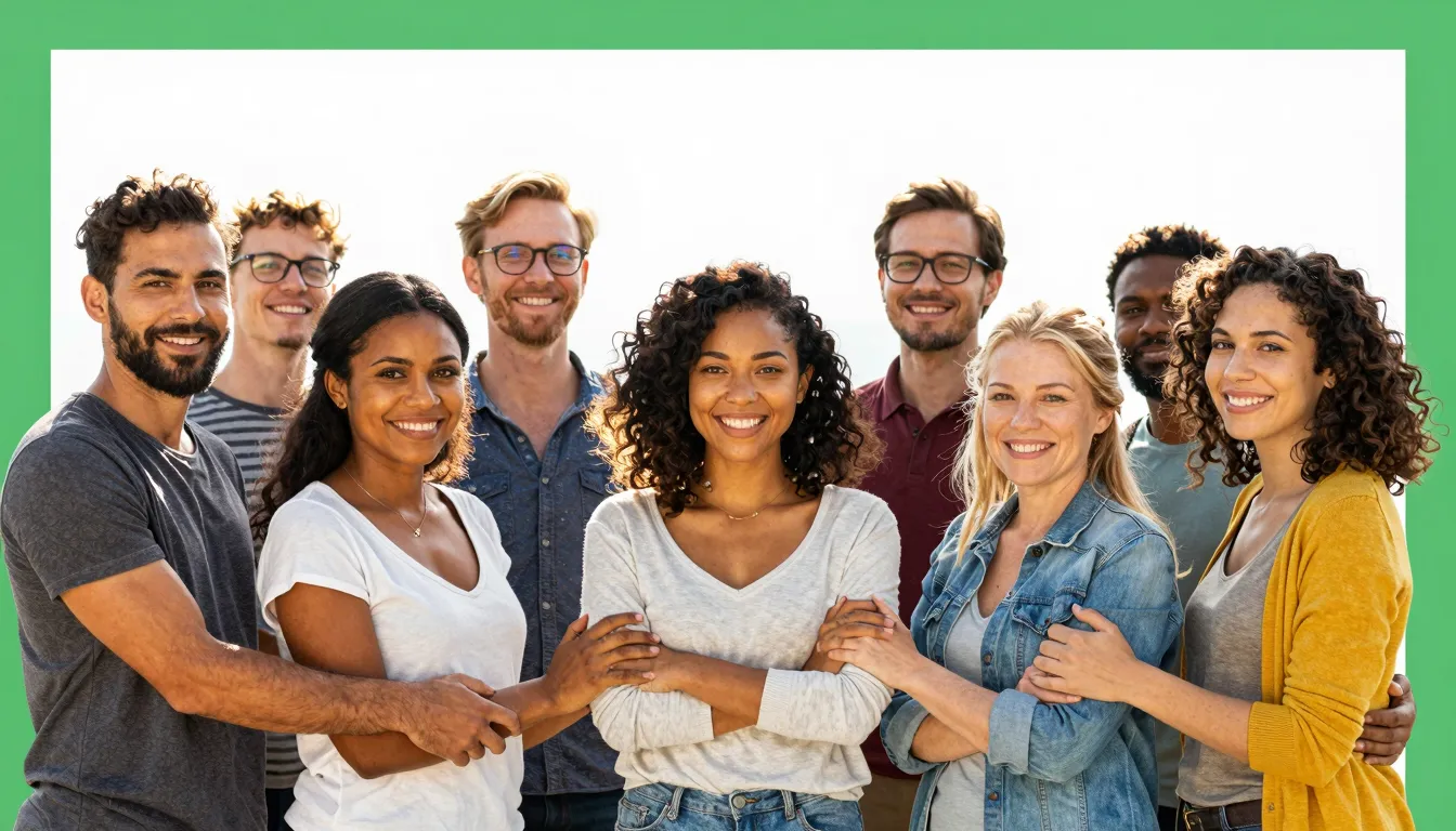 A group of diverse people standing together in unity, a gree...