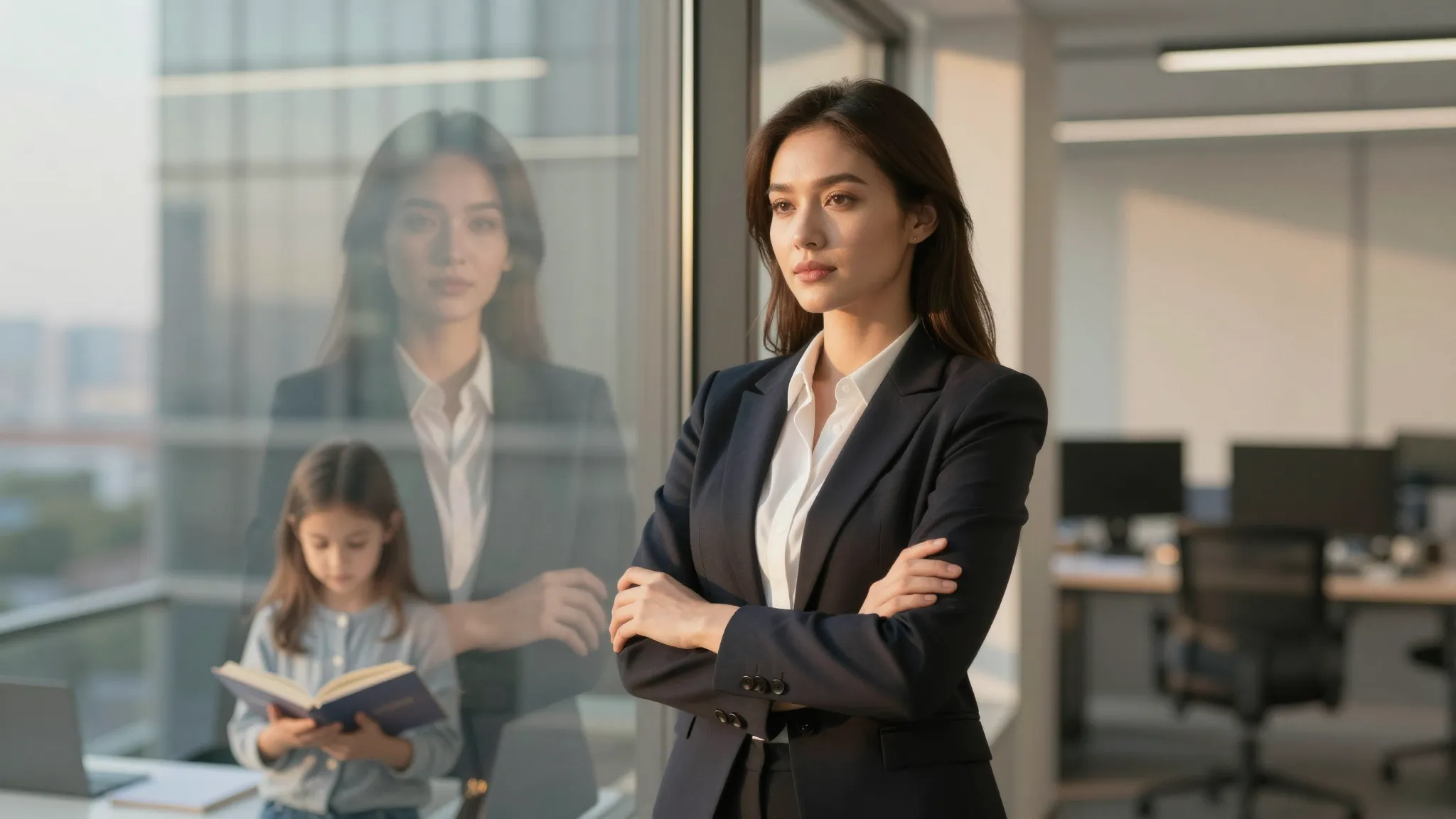 A professional woman standing in a modern office, her reflec...