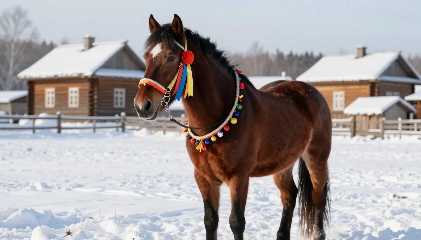 A majestic horse adorned with colorful festive ribbons, stan...