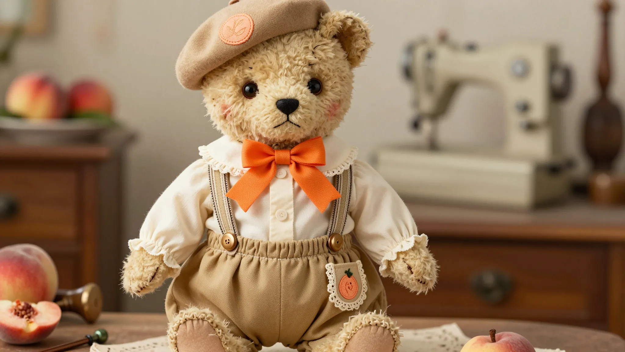 A vintage plush teddy bear girl mascot in Mori style. She we...