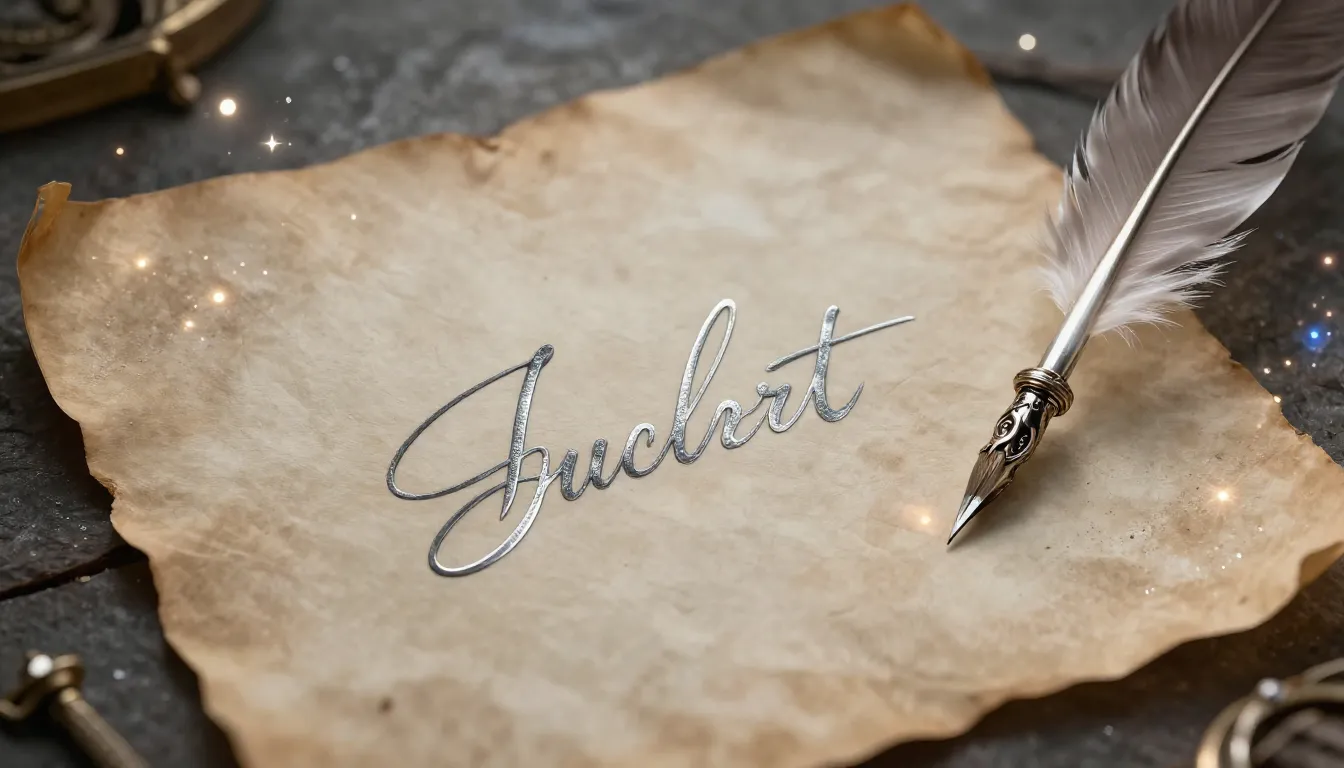 Elegant silver signature of a fantasy author on a piece of o...