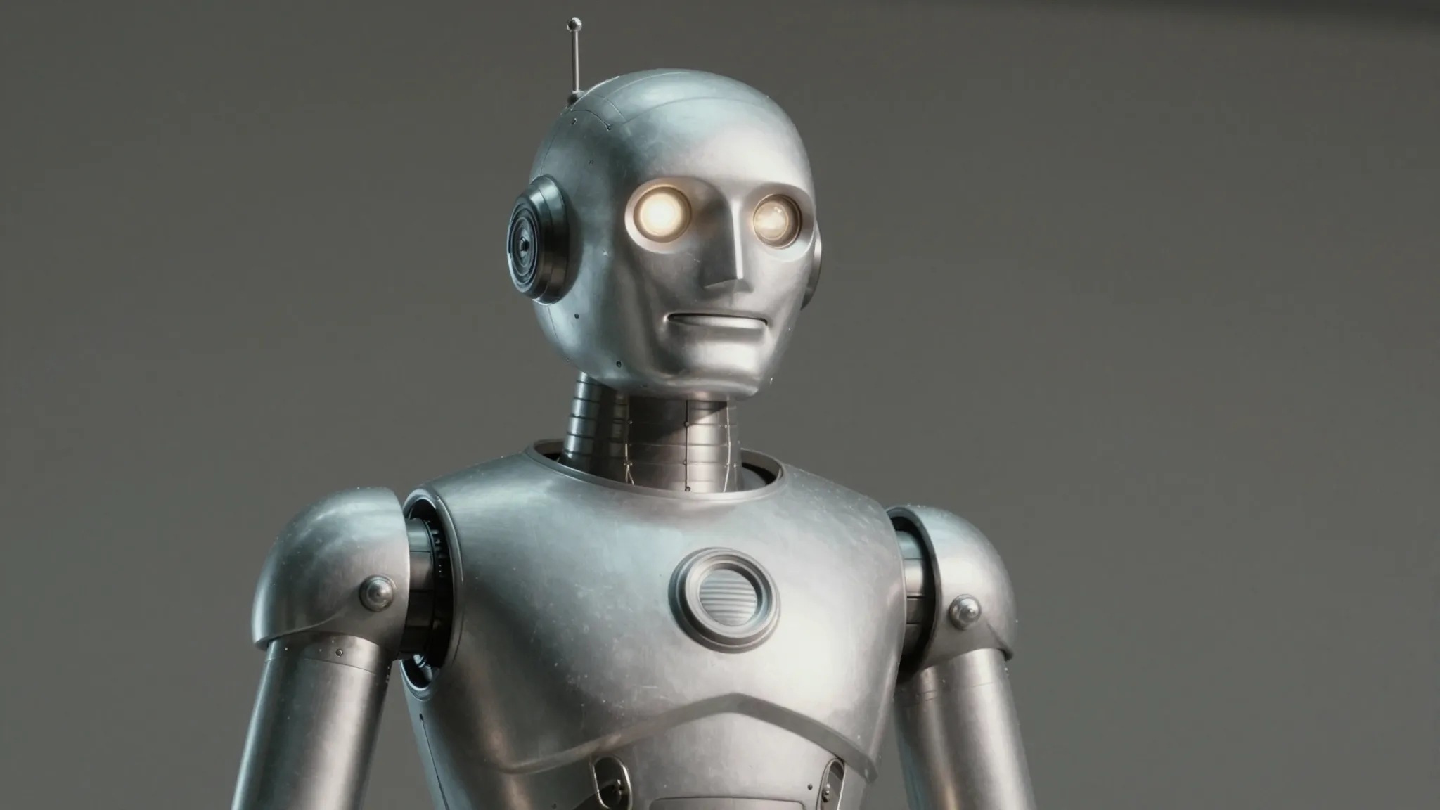 Retro sci-fi style, an anthropomorphic silver robot with a m...