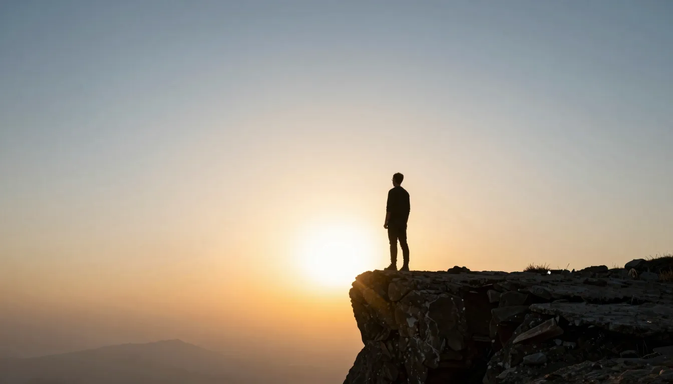 A minimalist silhouette of a person standing on a cliff edge...