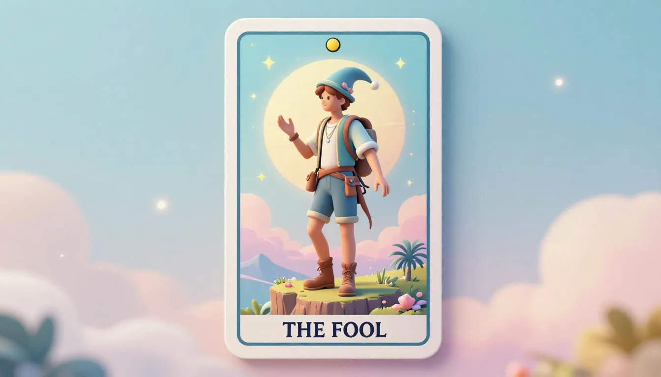 A beautiful 3D Tarot card 'THE FOOL' with rounded corners an...