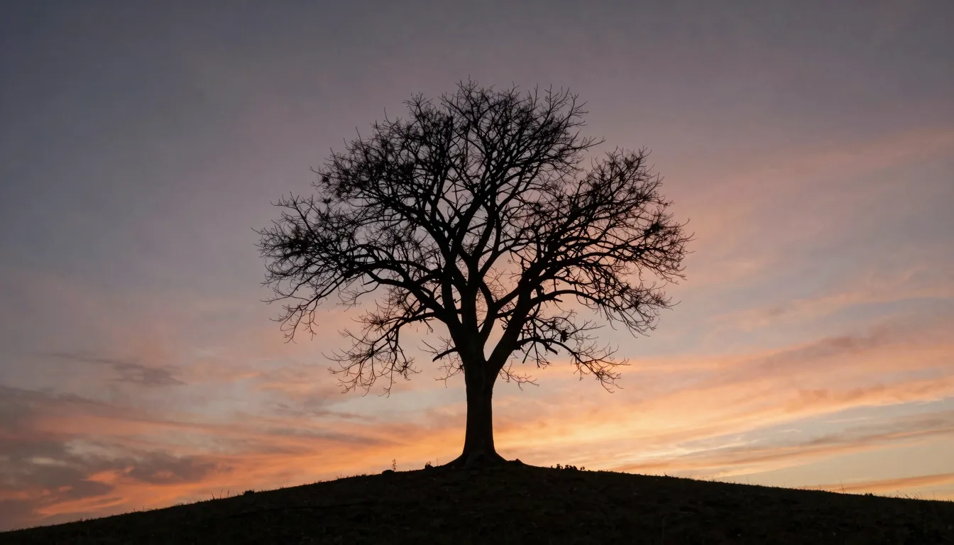 A lone tree on a hill under a dramatic sunset sky, symbolizi...
