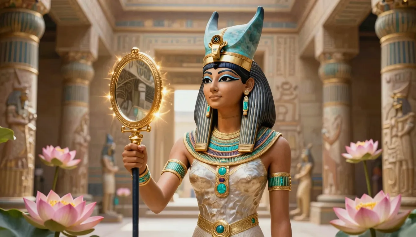 Beautiful Egyptian goddess Hathor with turquoise ornaments a...