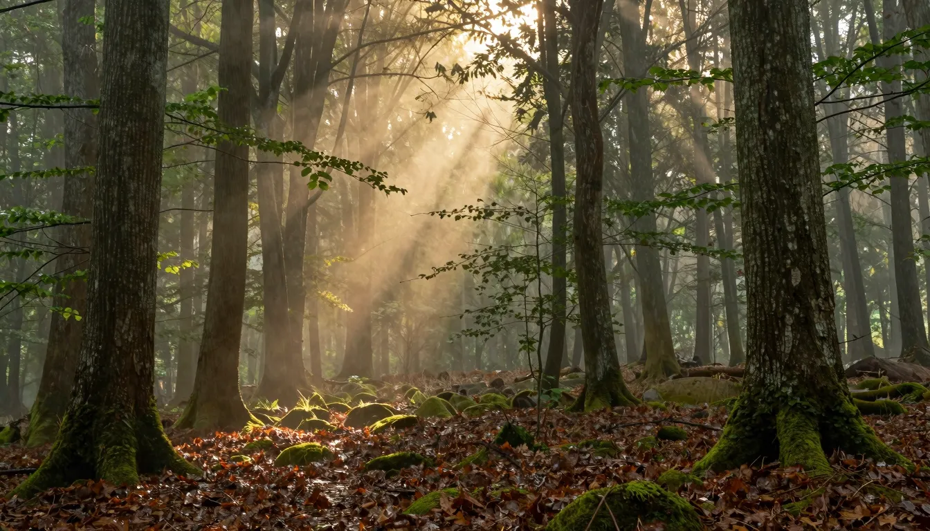 A breathtakingly serene forest after a gentle rain, with sof...