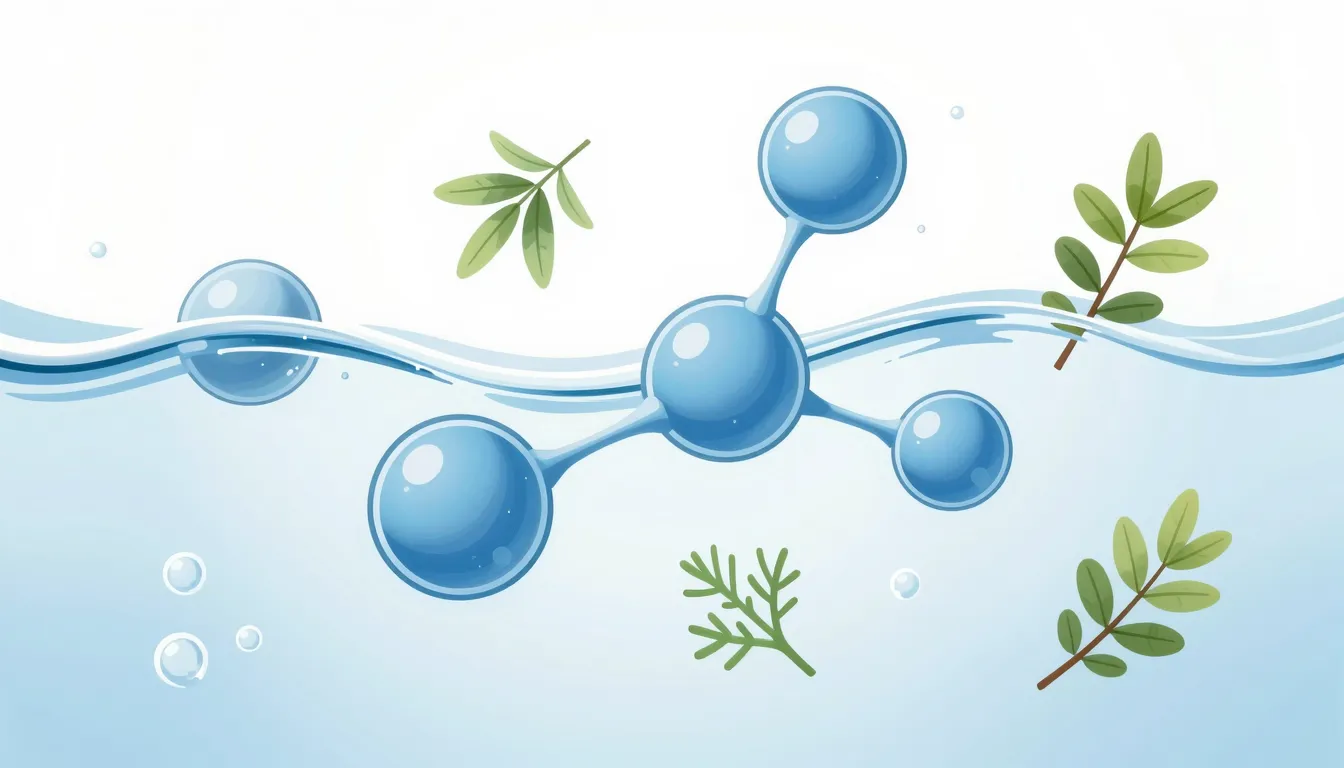 Scientific illustration of water molecules and natural herba...