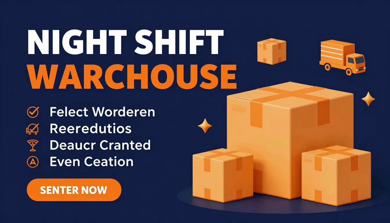 Modern recruitment poster for a night shift warehouse job, d...
