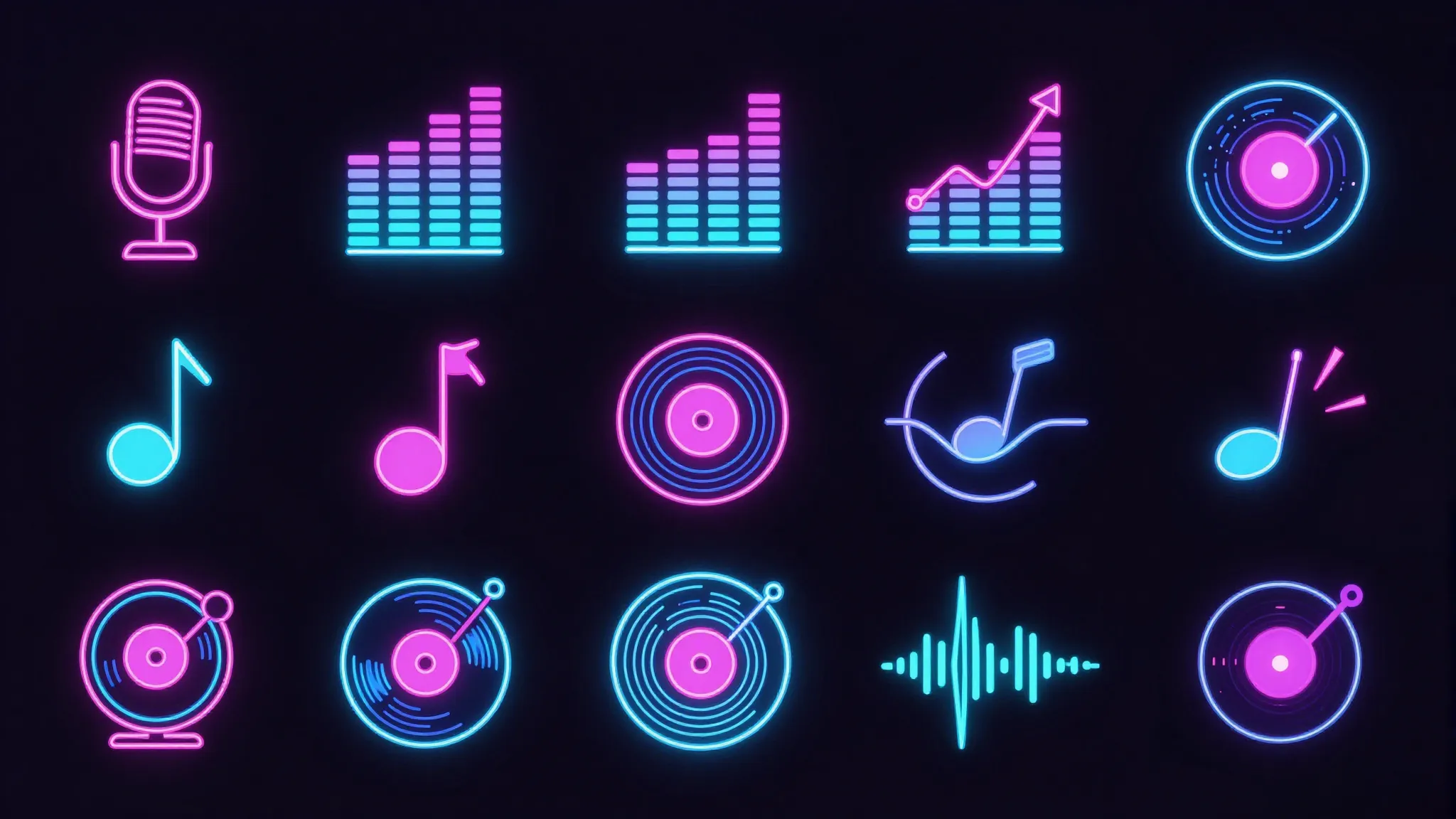 A grid of 12 minimalist icons for music lessons, cyberpunk s...
