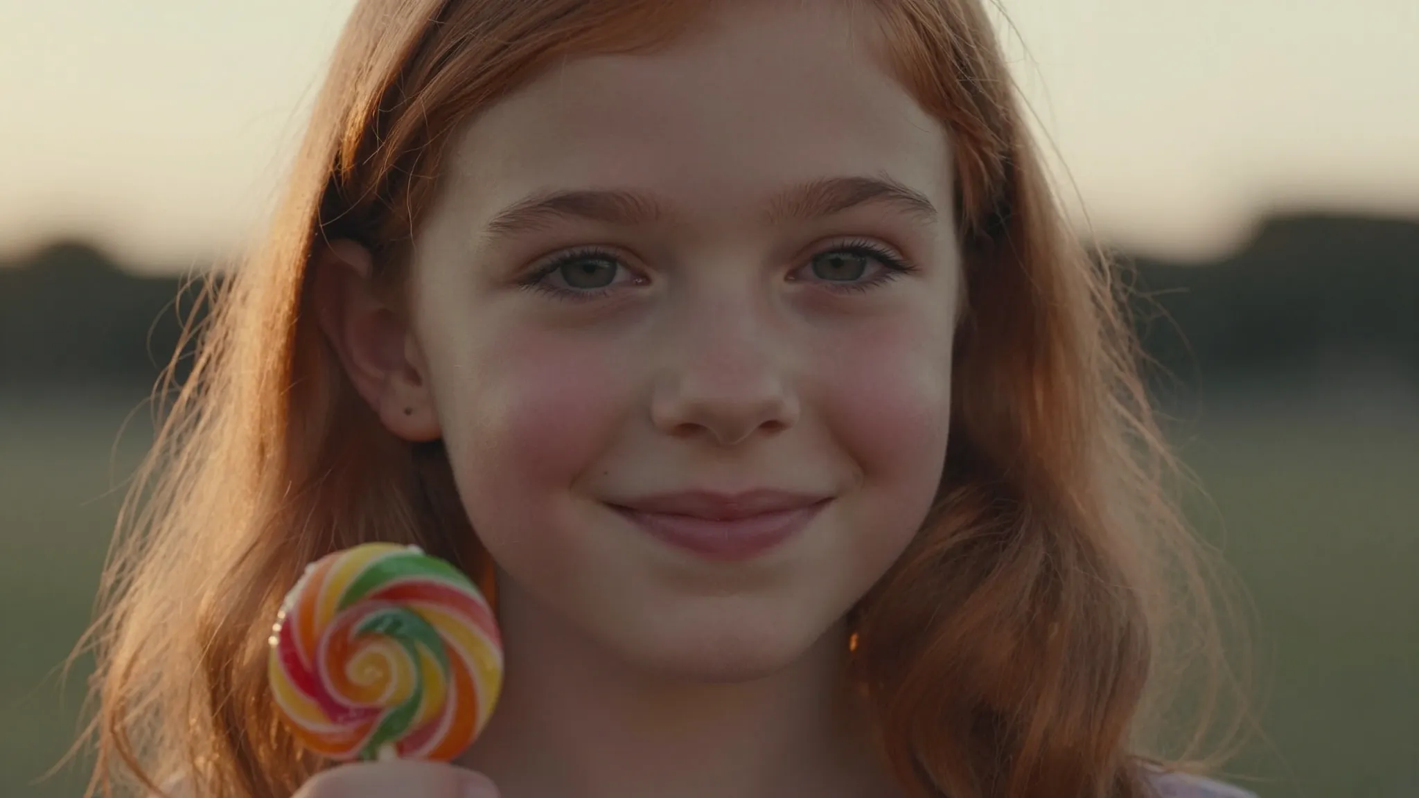 Cinematic close-up of a young girl with copper hair, smiling...