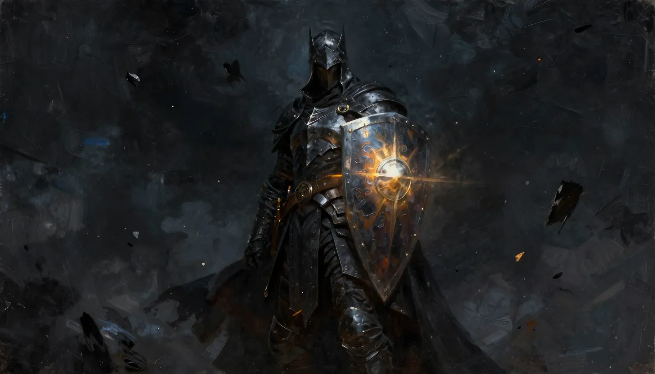 Epic fantasy illustration of a dark knight with a radiant sh...
