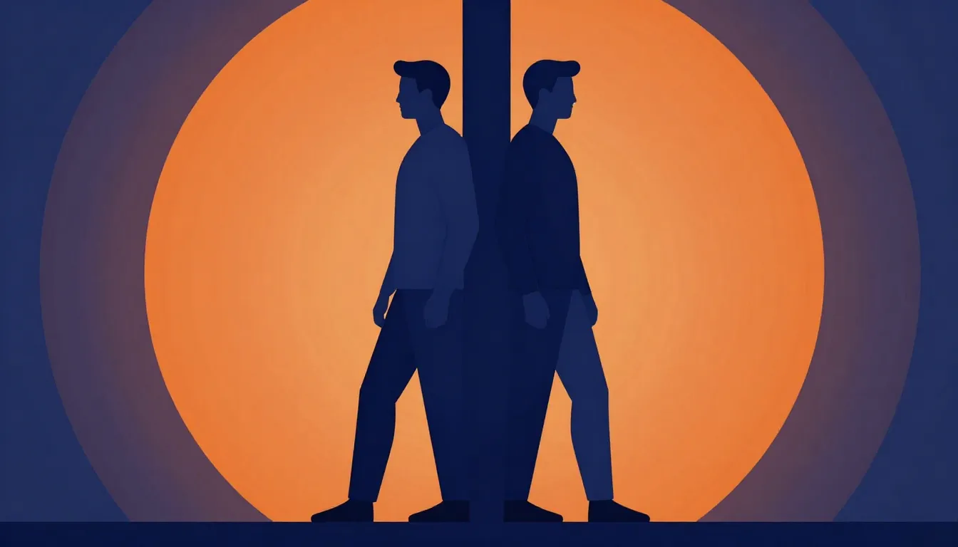 Two stylized human figures standing back to back, forming a ...