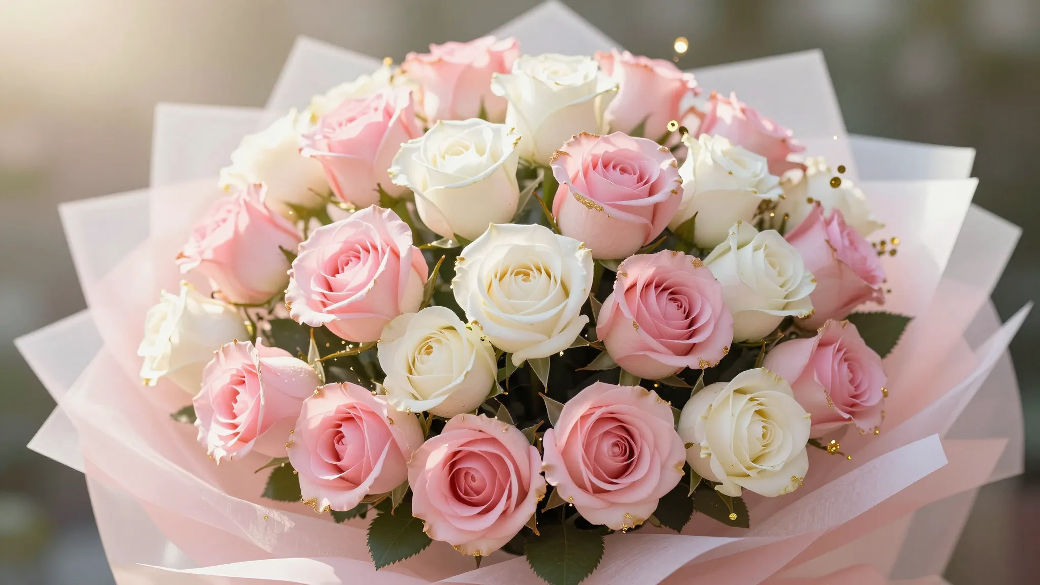 A beautiful bouquet of pink and white roses with elegant gol...