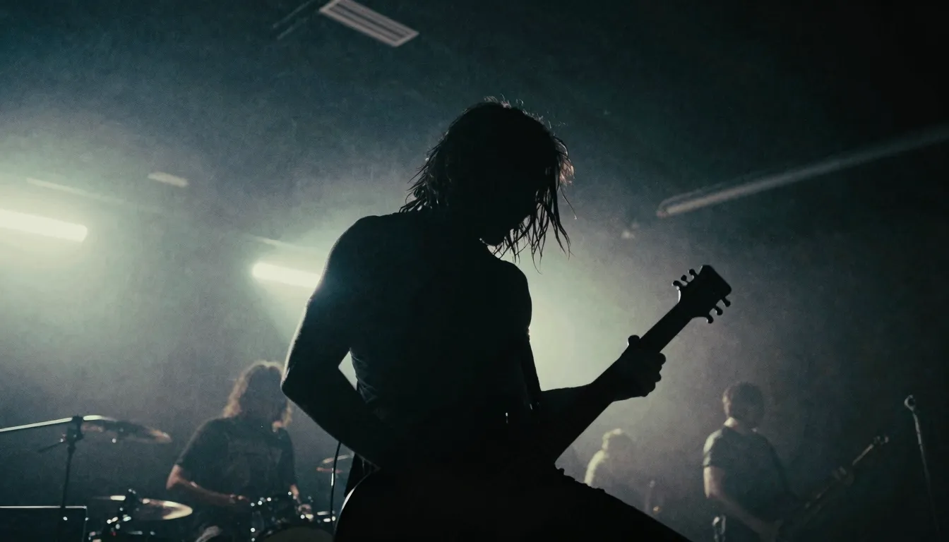 A silhouette of a person headbanging in a dark, smoky concer...