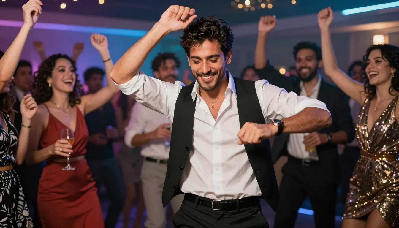 A charismatic man dancing energetically at a party, showing ...