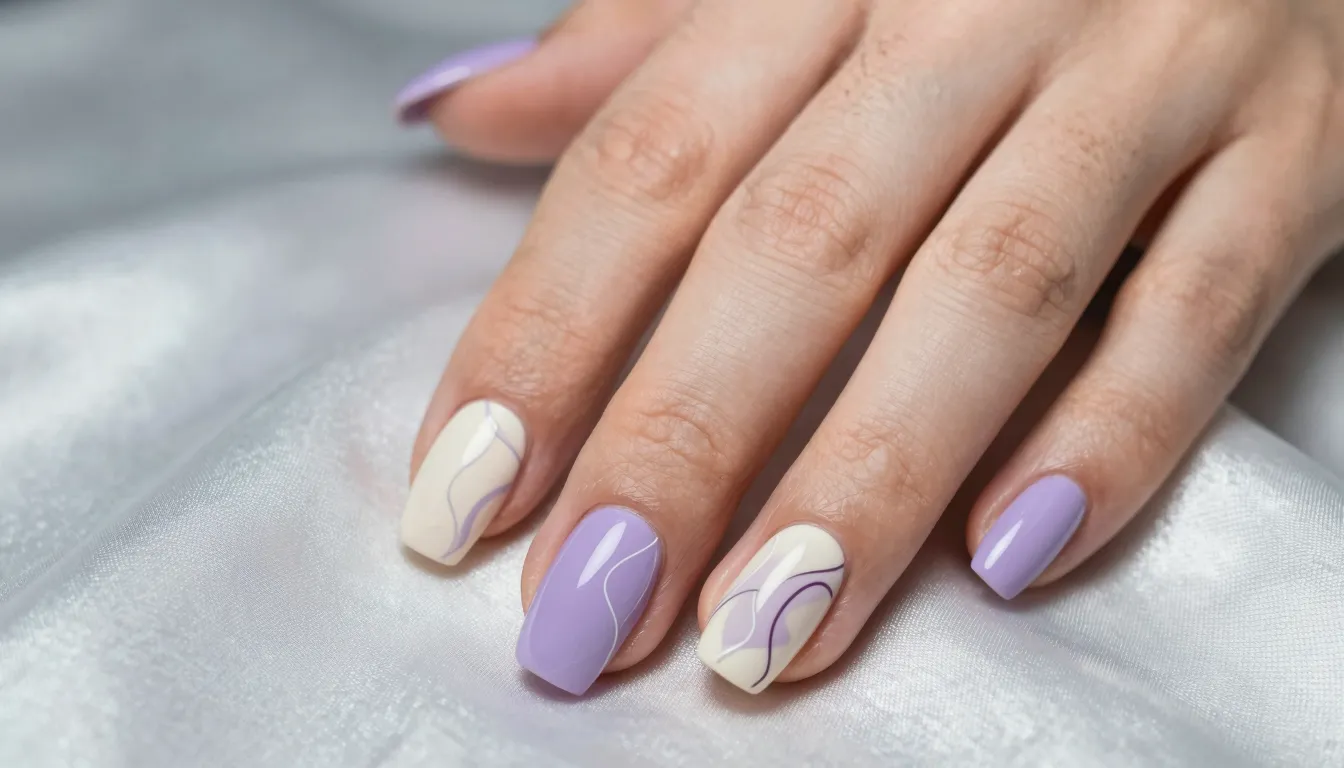 Close-up of a stylish manicure with abstract line art, soft ...