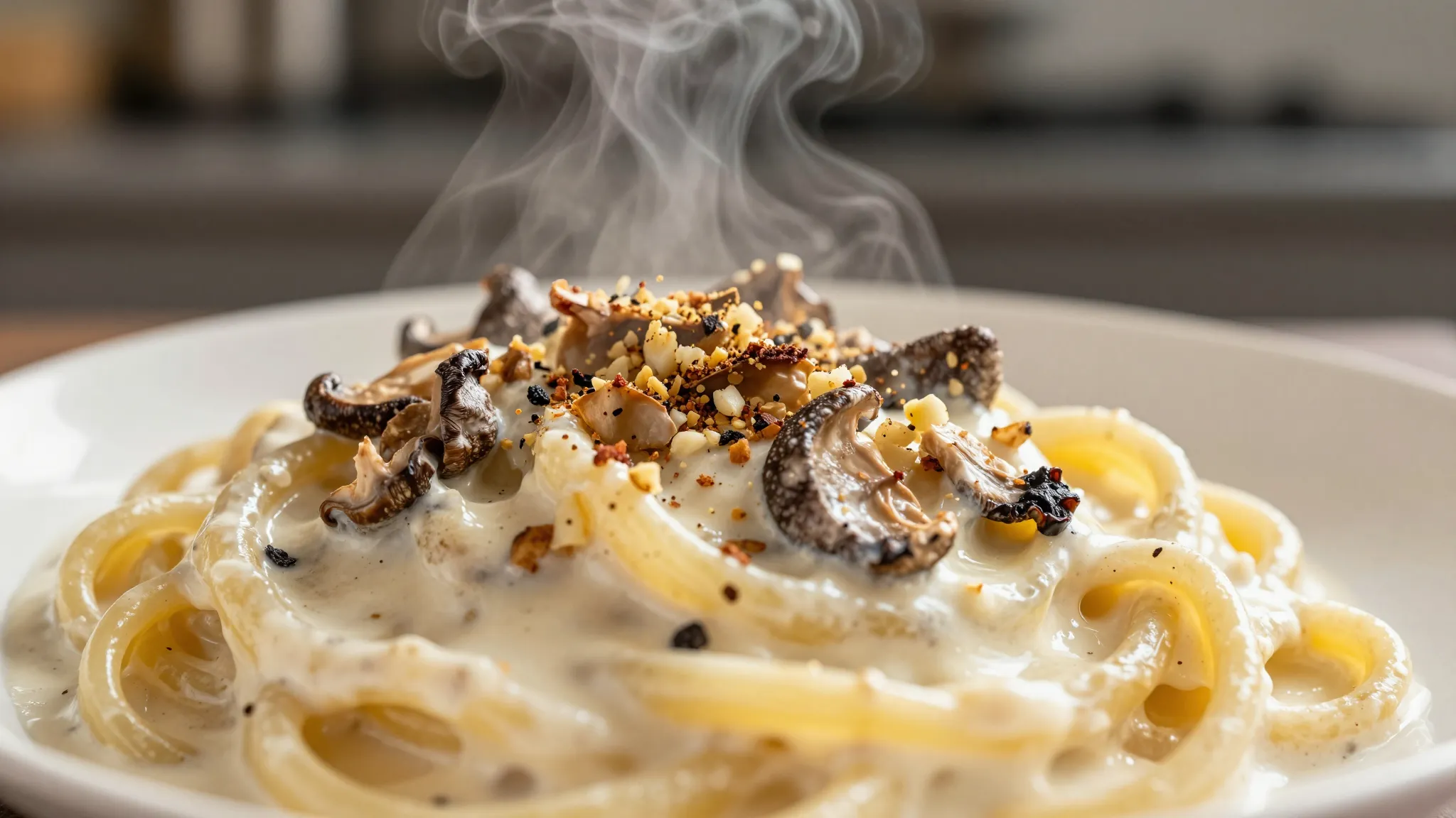Close-up of a delicious creamy pasta dish being sprinkled wi...