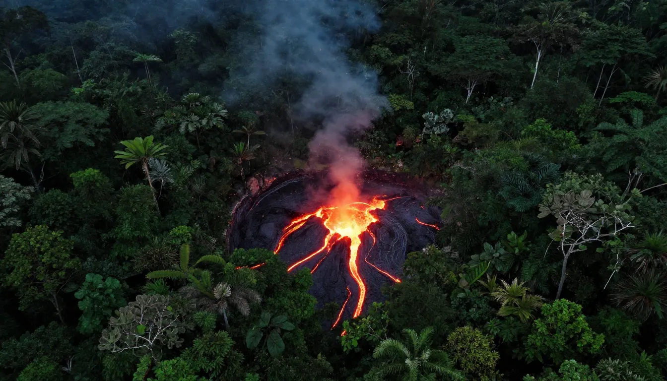 Aerial view of a fiery volcanic rift cutting through a lush ...