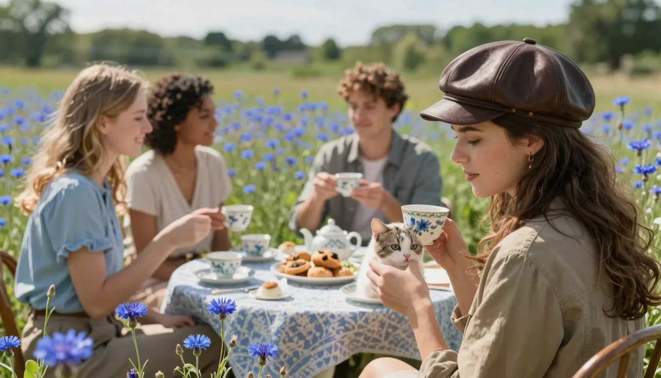 A group of friends having a tea party in a lush meadow full ...
