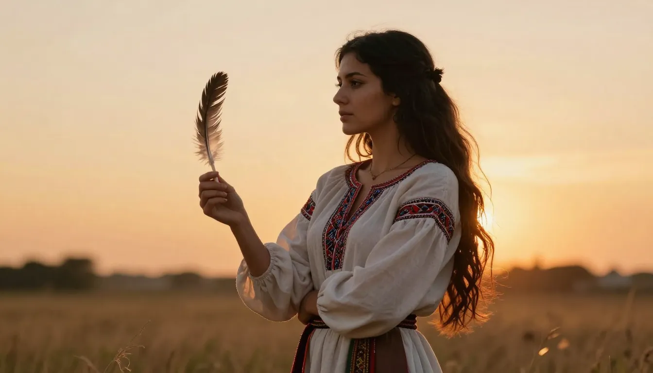 A beautiful woman with long dark hair in a traditional gypsy...