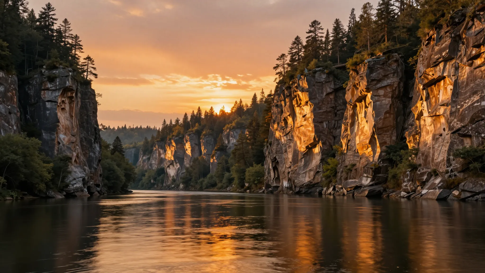 An epic landscape featuring a vast, perfectly smooth river r...