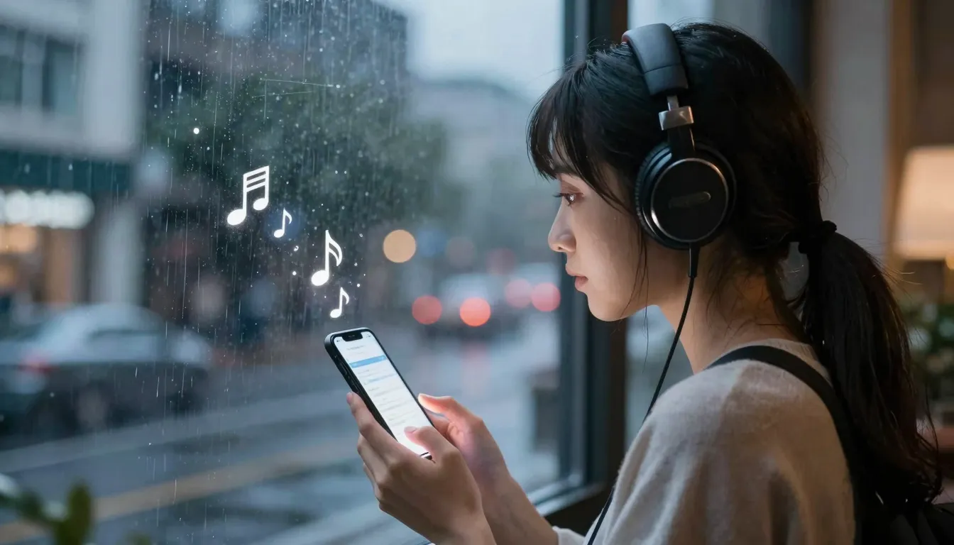 A romantic scene of a woman wearing headphones, looking out ...
