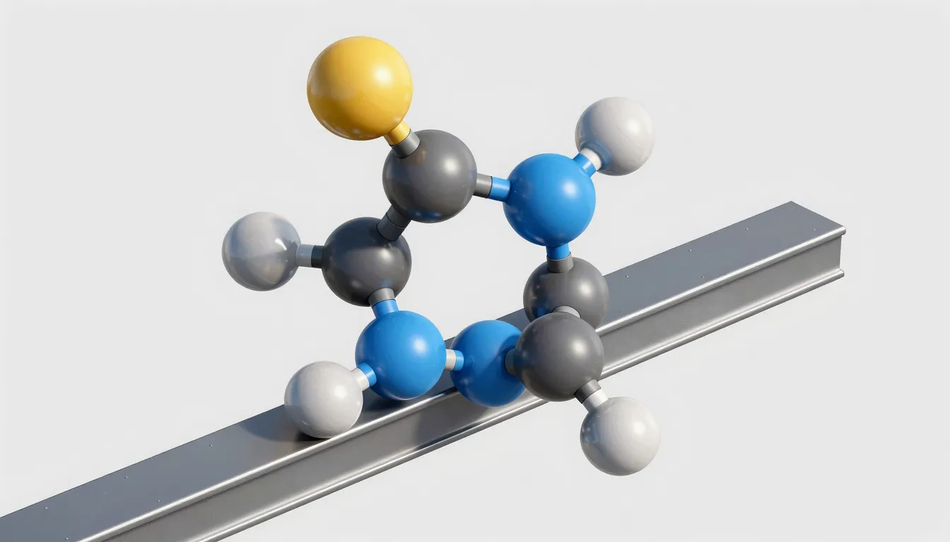 A symbolic illustration of a chemical molecule and a steel b...