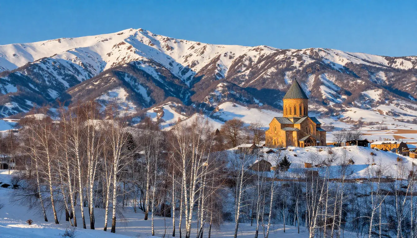 A beautiful landscape merging snowy Russian birch forests wi...