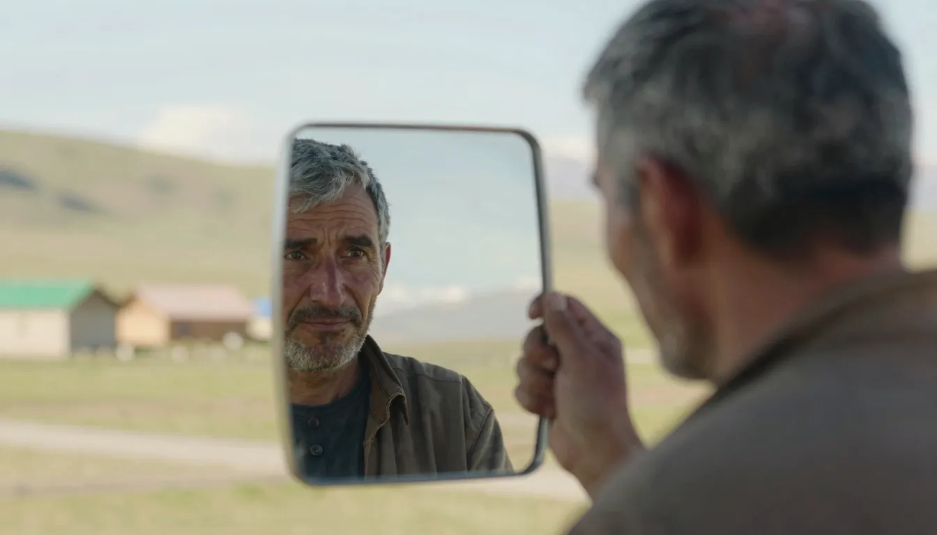 A reflective scene of a man seeing his gray hair in a mirror...