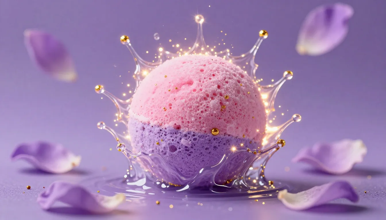 Professional product photography of a pink and purple bath b...