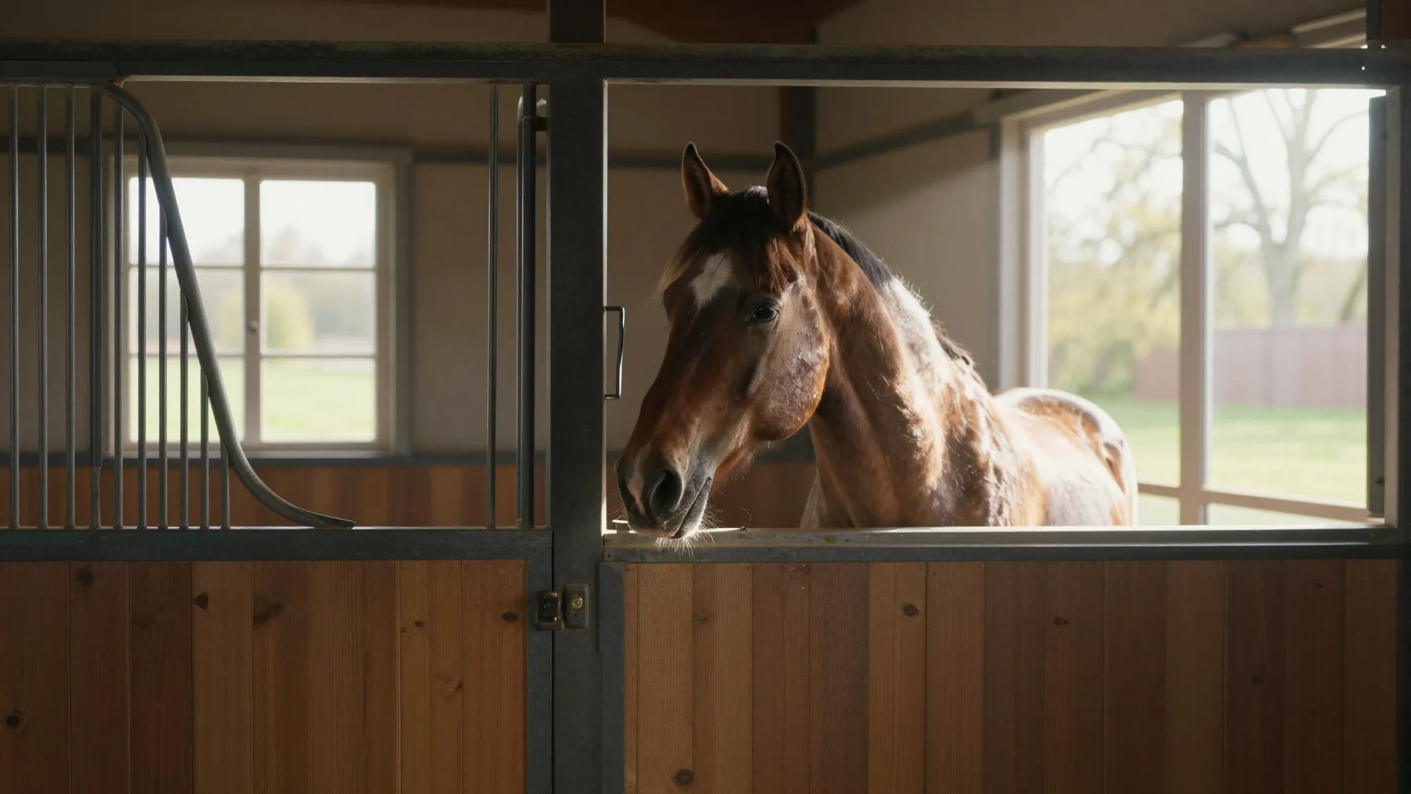 A cozy stable interior with sunlight streaming through the w...