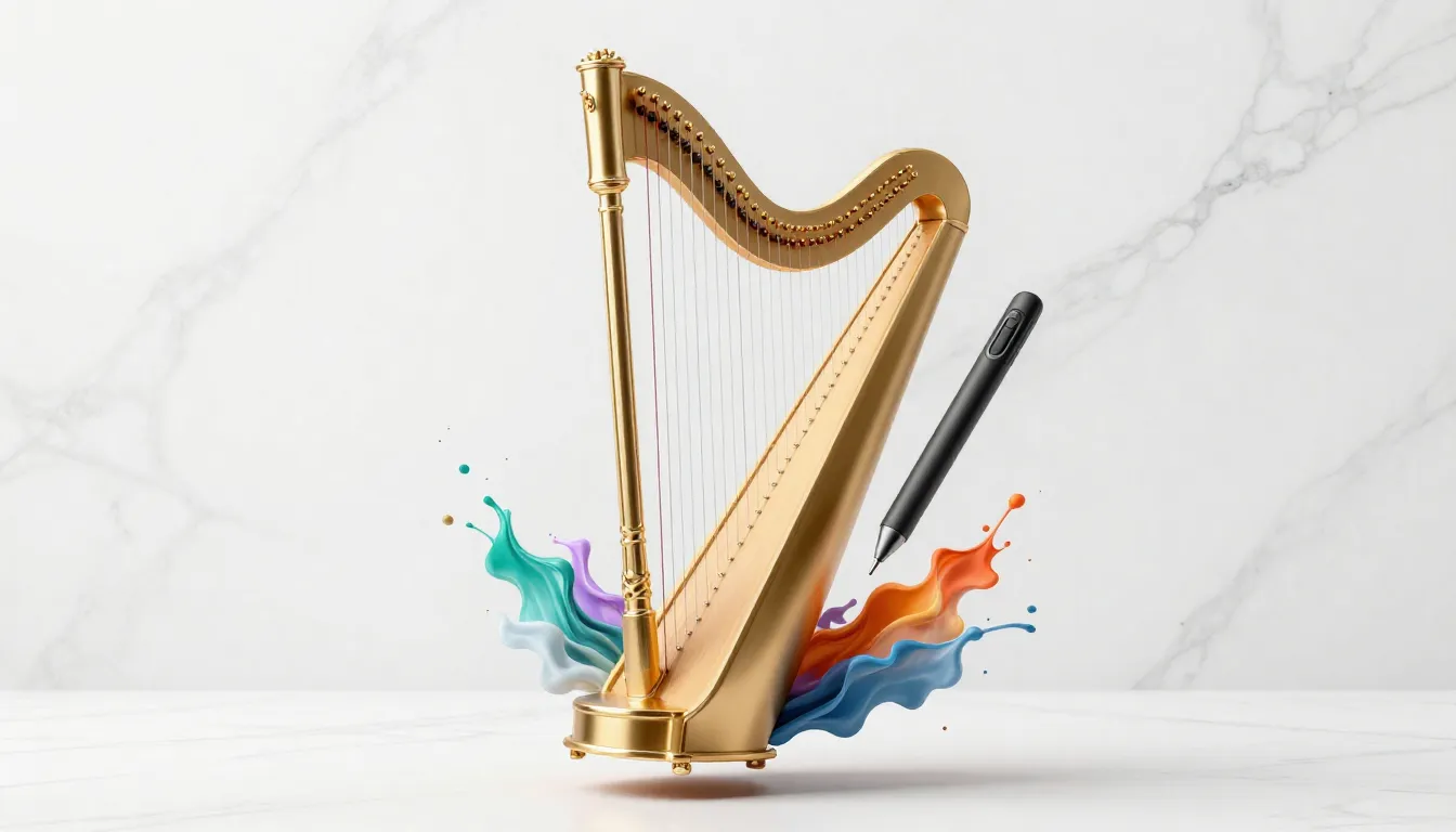 A majestic golden lyre integrated with a modern digital styl...