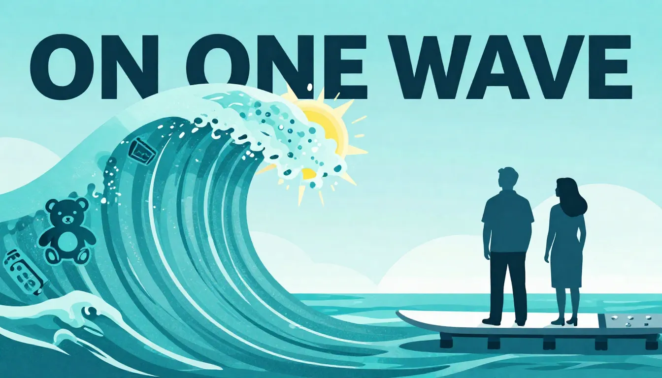 Graphic design poster titled 'ON ONE WAVE'. A large turquois...