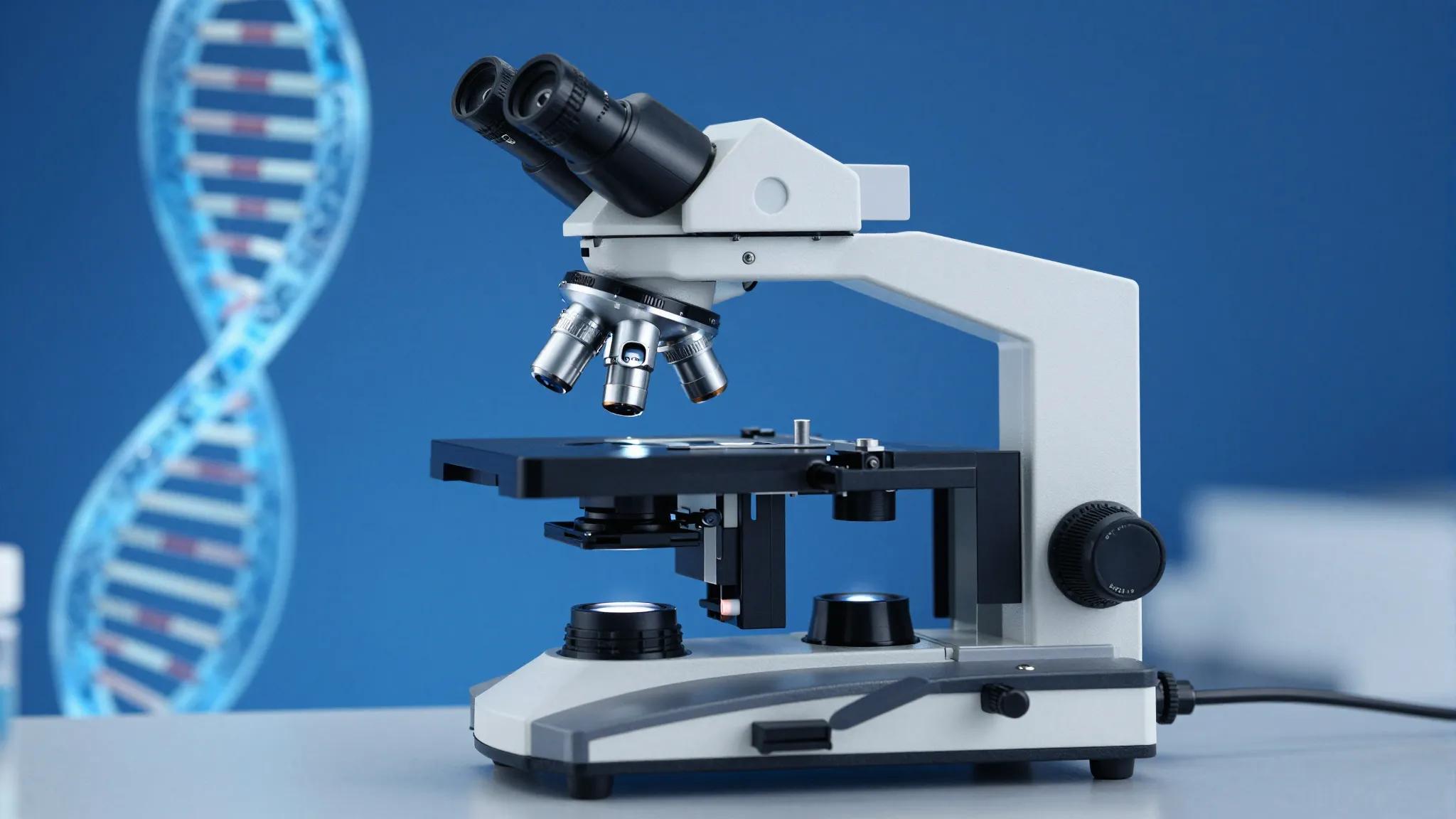 A high-tech medical laboratory with a microscope and DNA hel...