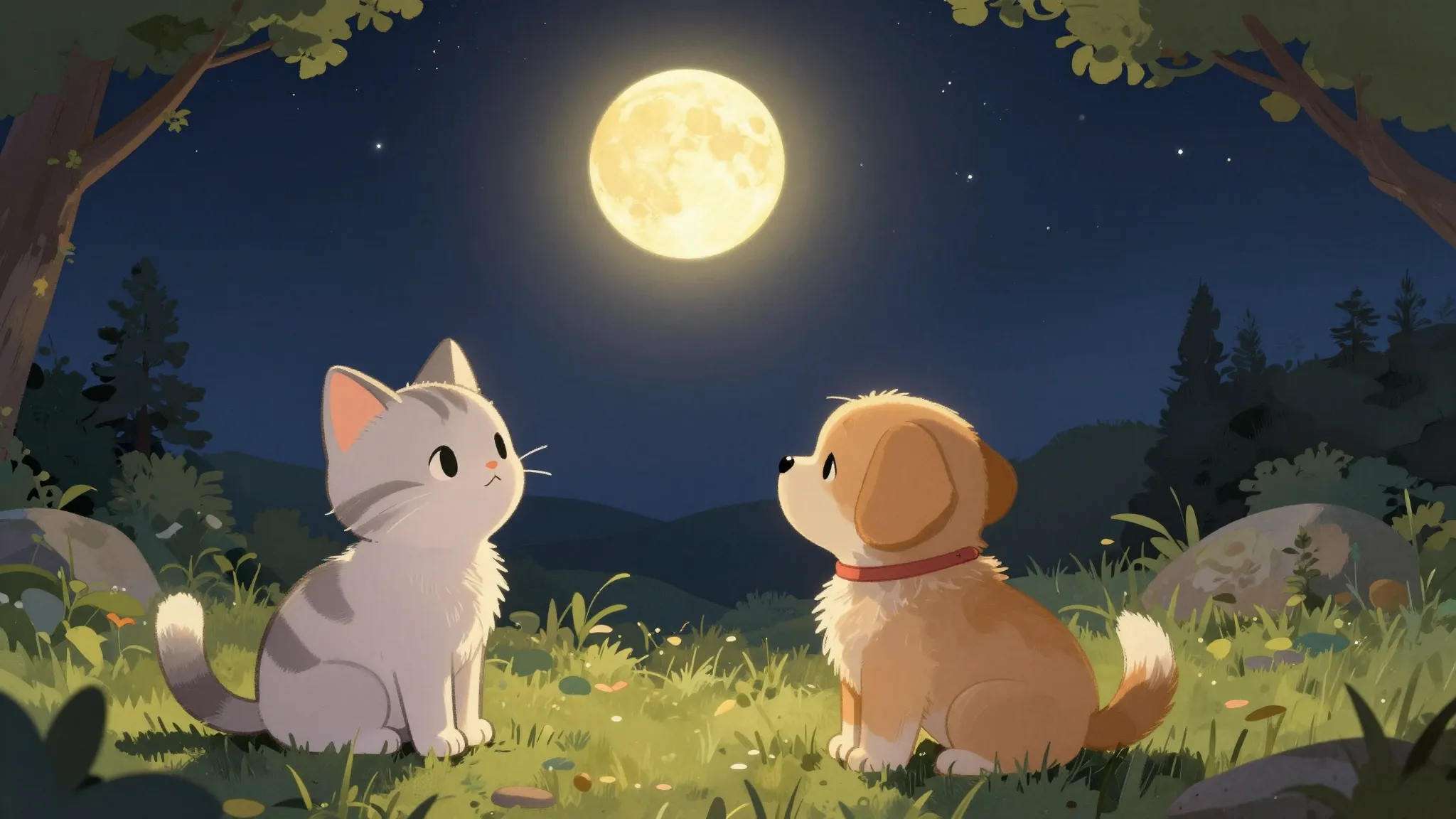 A friendly kitten and a puppy watching a bright star shaped ...
