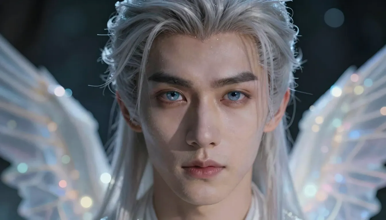 Close-up of a stunning Slavic man with silver-blonde hair an...